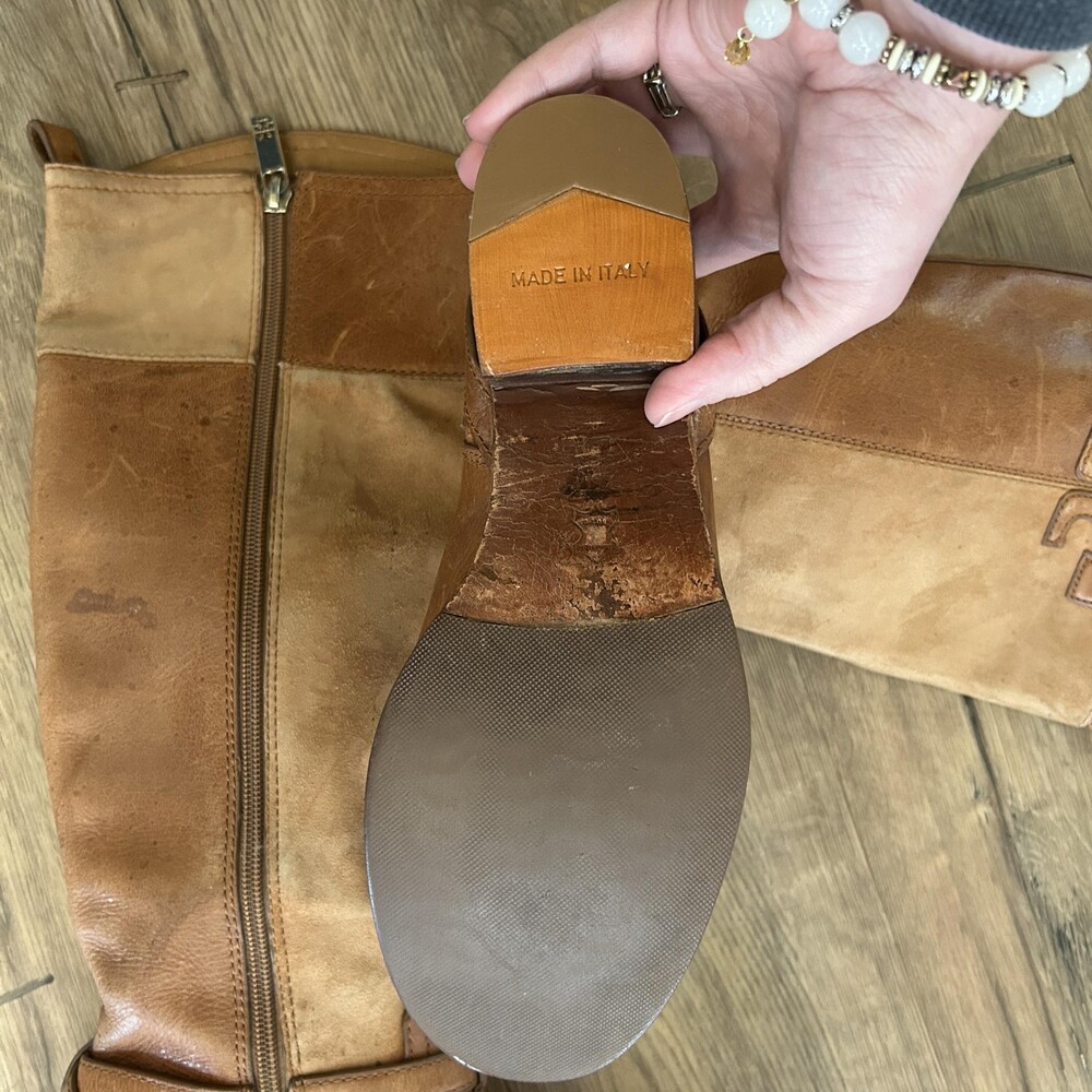 Tory Burch Boots Womens 7.5 Brown Leather Knee High Riding Buckle Logo Italy - Picture 3 of 8